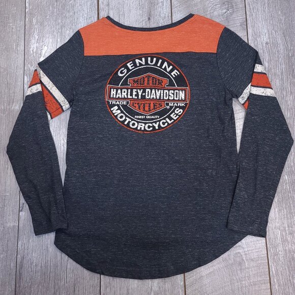 Harley Davidson Shirt Womens Medium Back Print Henley Long Sleeve Shop Top - Picture 2 of 7